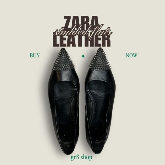 Zara Black Leather Studded Pointed-Toe Flats Size 7 - Picture 1 of 6